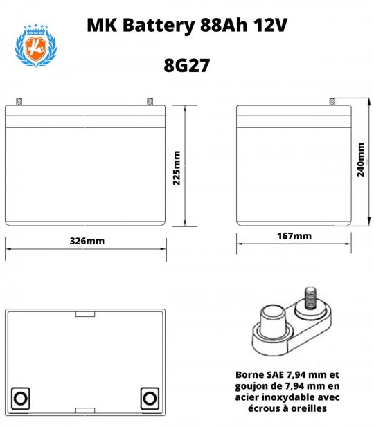 Dimensions de la batterie GEL 8G27 (88 Ah) de MK pour Scooter électrique handicapée et de mobilité réduite