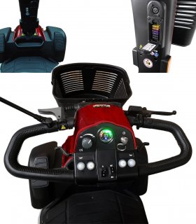 Tableau de bord en détail du scooter Pride XL140 en rouge