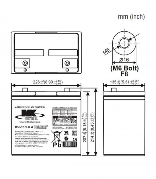 Dimensions de la batterie AGM M55-12 SLD M (55 Ah) de MK pour Scooter électrique handicapée et de mobilité réduite