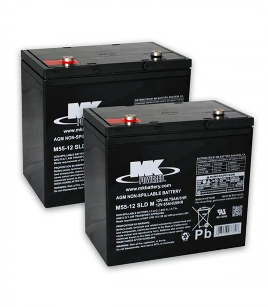 Deux batteries AGM 55 Ah (visserie inclus) Traction de MK Battery pour Scooter électrique senior ou personne handicapée