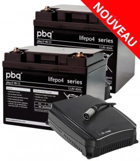 Pack de deux batteries pbq LF LiFePO4 40 Ah et chargeur 8 amp. pour scooter électrique PMR, handicapé ou personne âgée