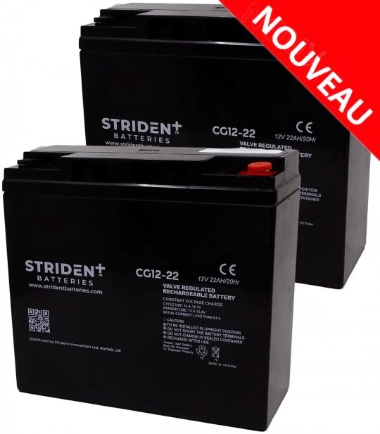 Deux batteries Gel-carbon Strident CG12-22 pour scooter électrique PMR senior, personne handicapée ou de mobilité réduite